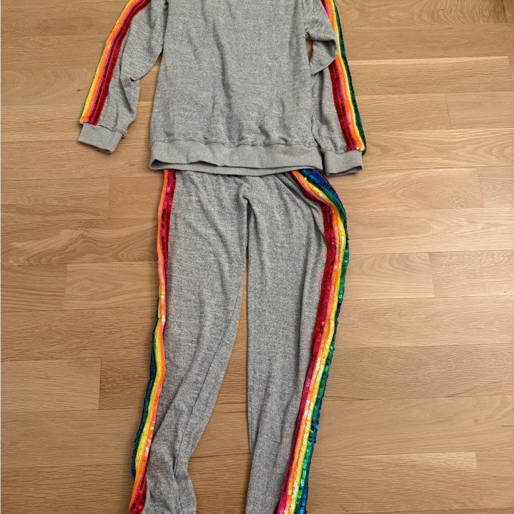 Lola and the Boys Colorful sequin rainbow Striped grey Women's tracksuit medium - Picture 3 of 5